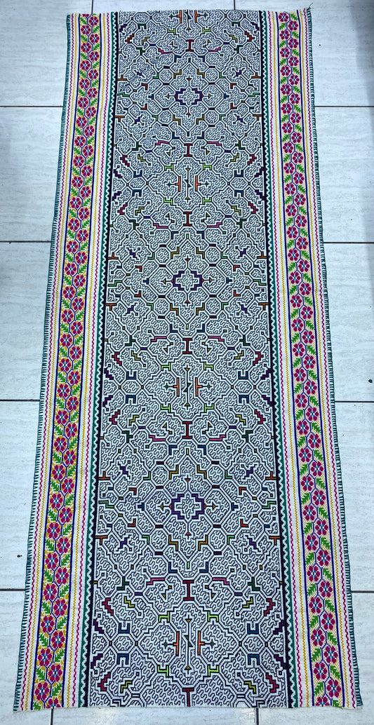 Shipibo Conibo Kené Tabletop Tapestry Hand Embroidered Peruvian Tablecloth Textile Ceremonial Amazonian Shamanic Altar 68.11” x 27.16”