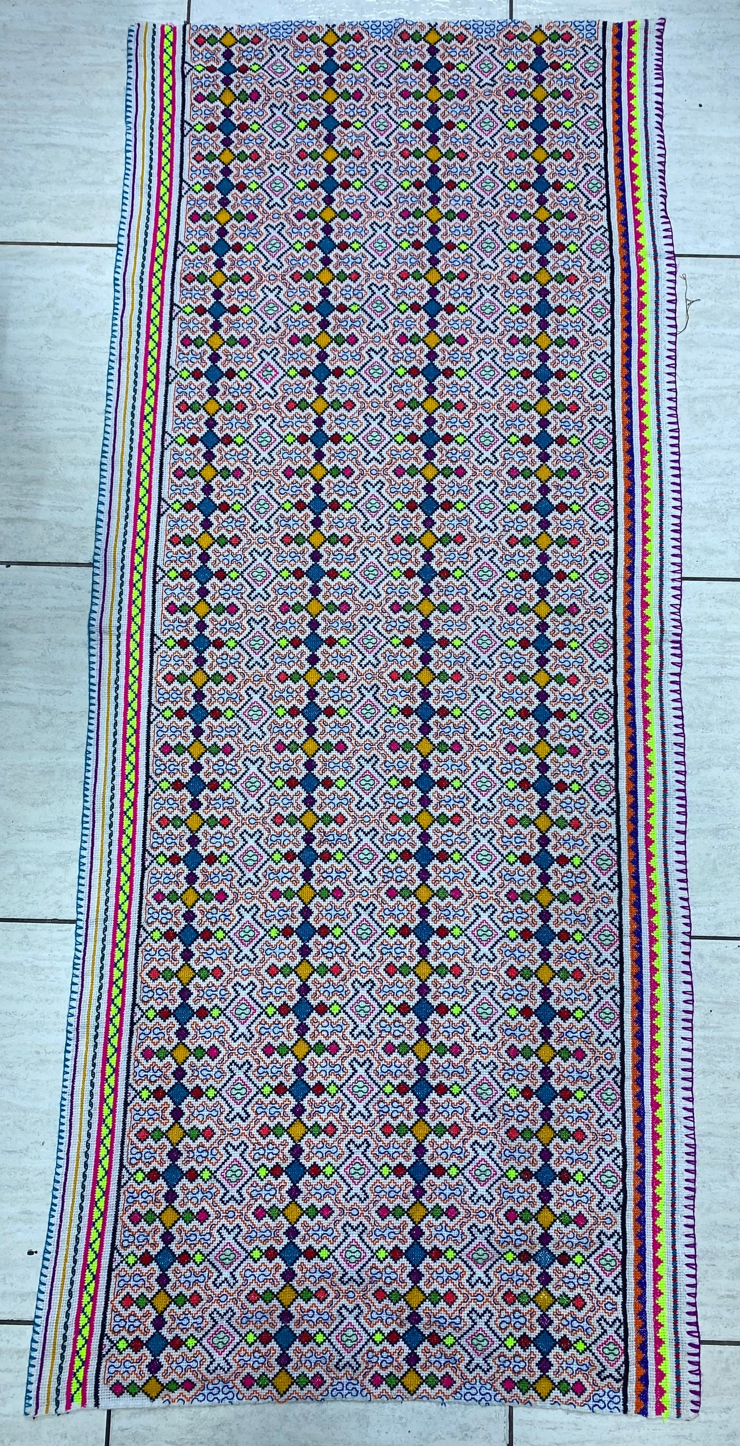 Shipibo Conibo Kené Tabletop Tapestry Hand Embroidered Peruvian Tablecloth Textile Ceremonial Amazonian Shamanic Altar 62.20” x 24”