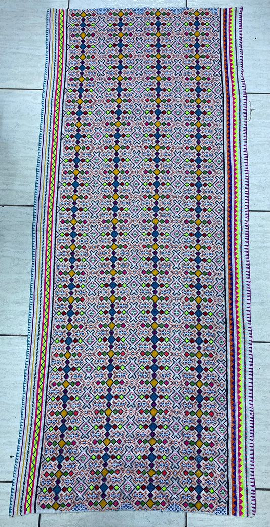 Shipibo Conibo Kené Tabletop Tapestry Hand Embroidered Peruvian Tablecloth Textile Ceremonial Amazonian Shamanic Altar 62.20” x 24”