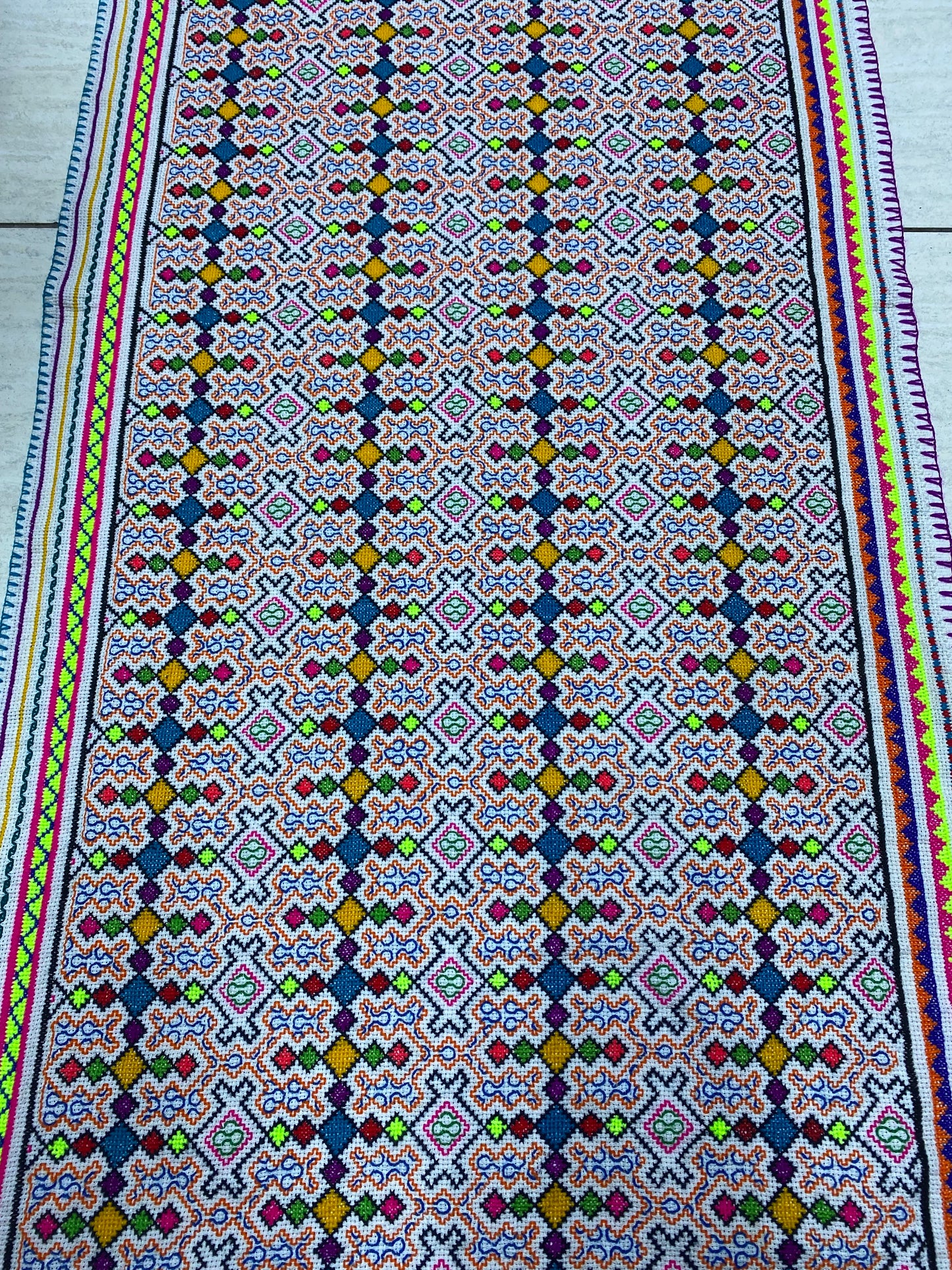 Shipibo Conibo Kené Tabletop Tapestry Hand Embroidered Peruvian Tablecloth Textile Ceremonial Amazonian Shamanic Altar 62.20” x 24”