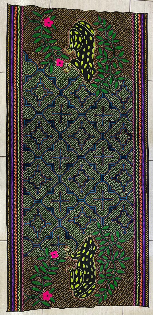 Shipibo Conibo Toad Tabletop Tapestry Hand Embroidered Peruvian Tablecloth Textile Ceremonial Amazonian Shamanic Altar 58.26” x 28.35”