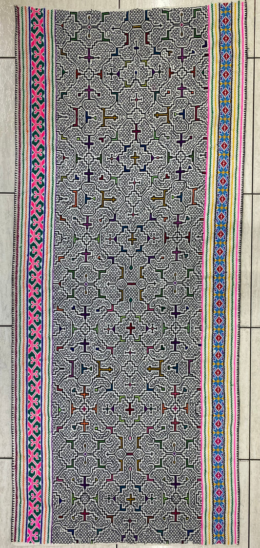 Shipibo Conibo Kené Tabletop Tapestry Hand Embroidered Peruvian Tablecloth Textile Ceremonial Amazonian Shamanic Altar 63”x28.5”