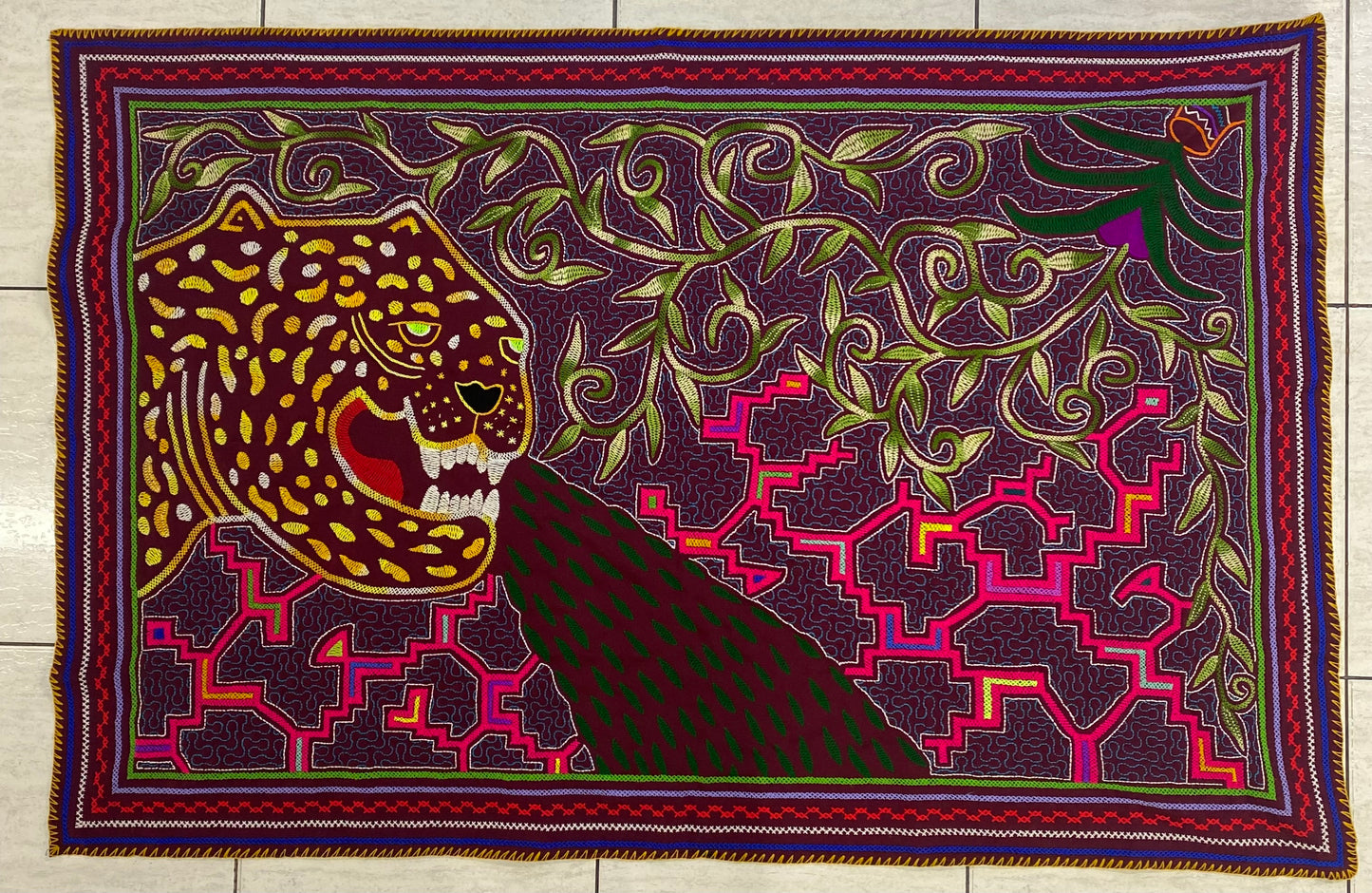 Shipibo Conibo Jaguar Tapestry Hand Embroidered Peruvian Tablecloth Textile Ceremonial Amazonian Shamanic Altar 55.91”x37”