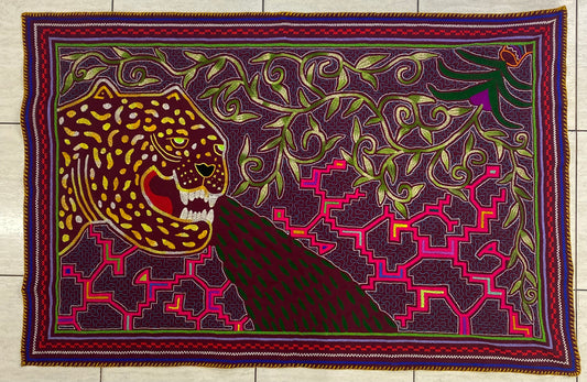 Shipibo Conibo Jaguar Tapestry Hand Embroidered Peruvian Tablecloth Textile Ceremonial Amazonian Shamanic Altar 55.91”x37”