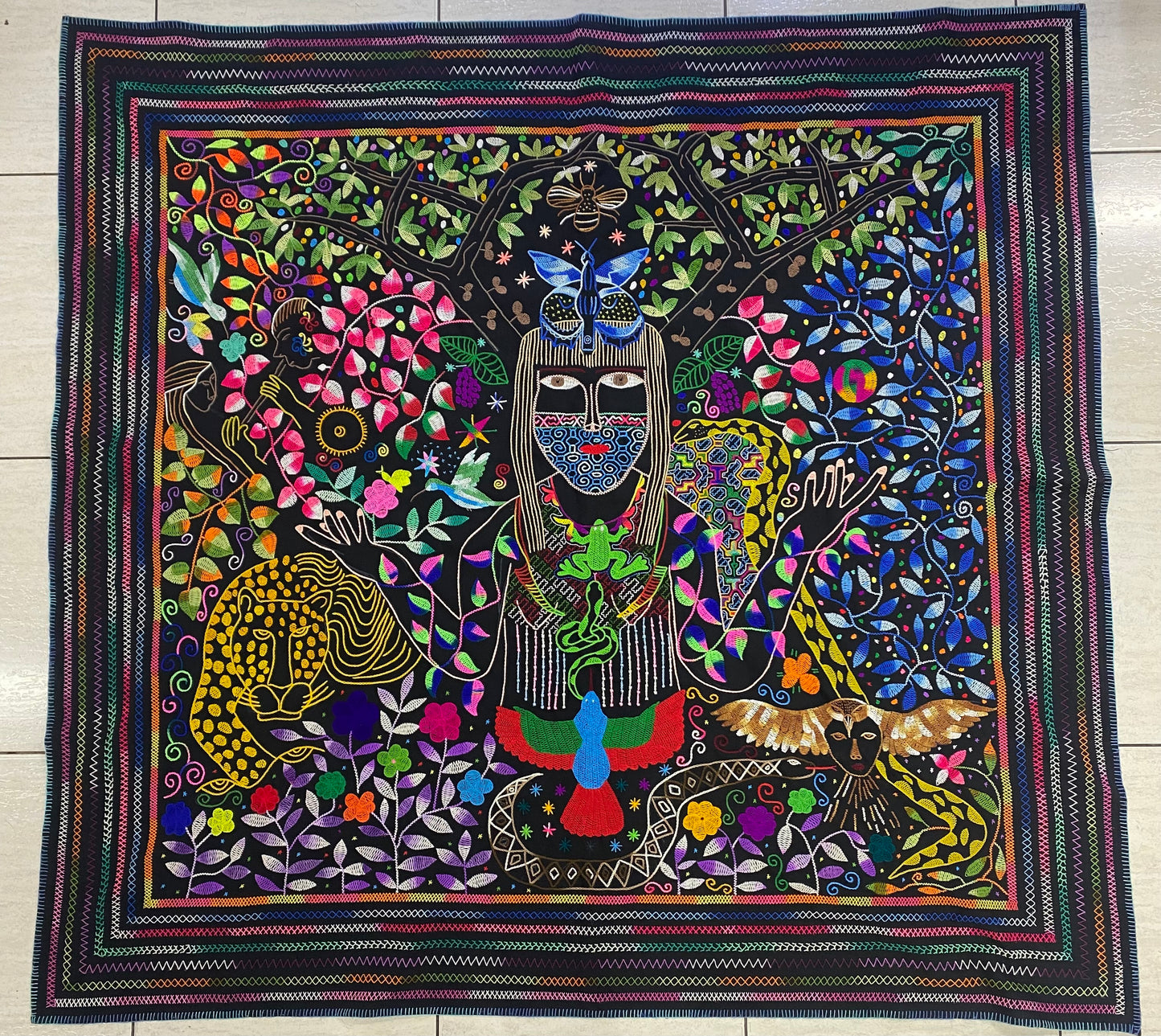 Shipibo Conibo Maestra Tapestry Hand Embroidered Peruvian Tablecloth Textile Ceremonial Amazonian Shamanic Altar 54.33” x 56.69”