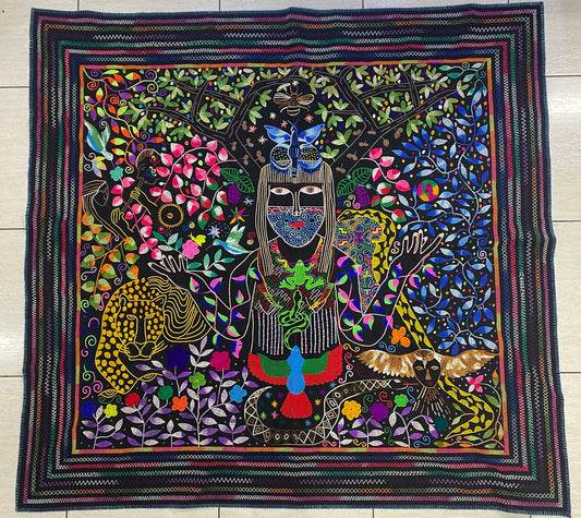 Shipibo Conibo Maestra Tapestry Hand Embroidered Peruvian Tablecloth Textile Ceremonial Amazonian Shamanic Altar 54.33” x 56.69”