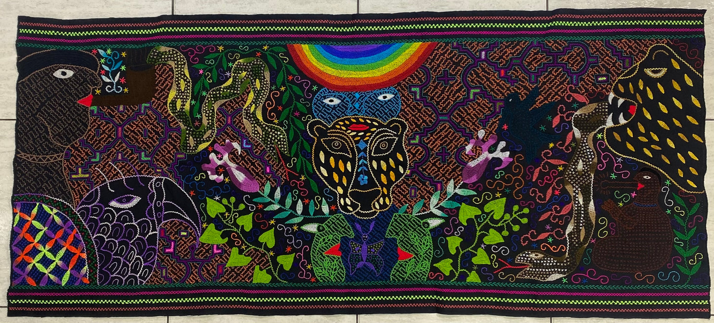 Shipibo Conibo Tabletop Tapestry Hand Embroidered Peruvian Tablecloth Textile Ceremonial Amazonian Shamanic Altar 57.48”x26”