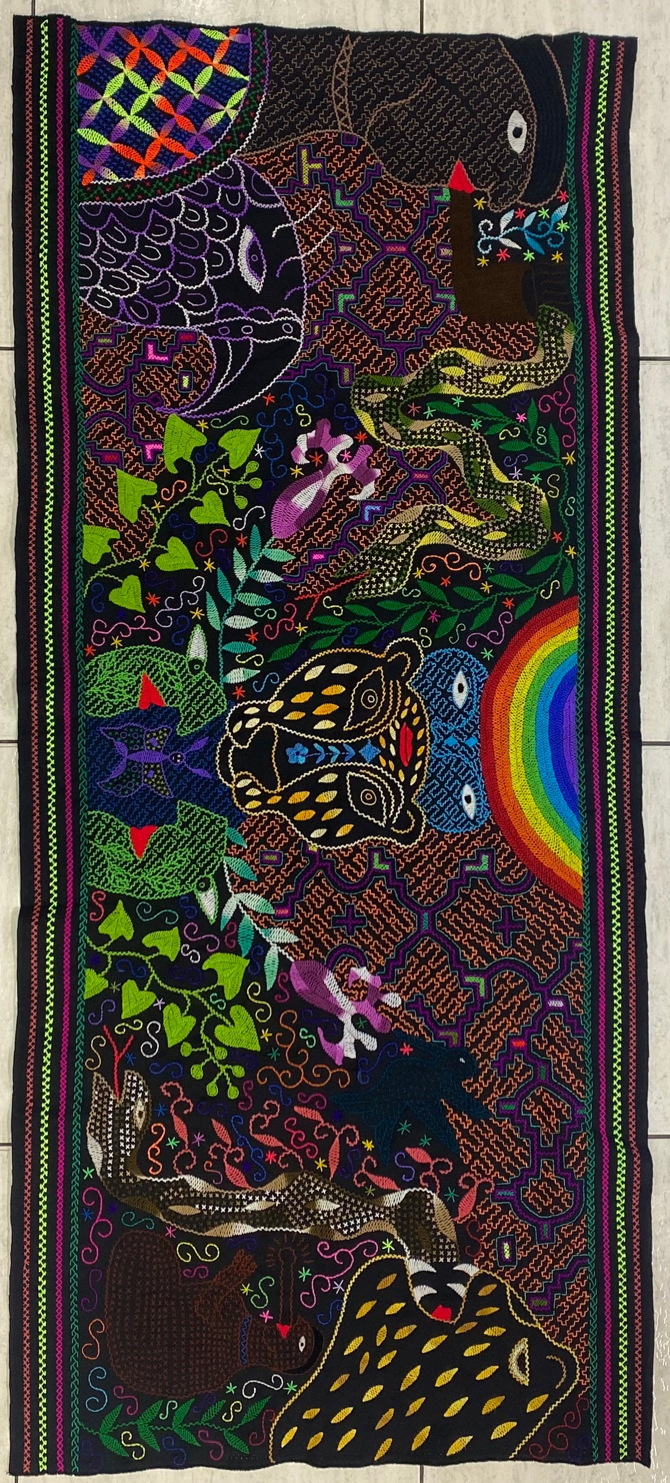 Shipibo Conibo Tabletop Tapestry Hand Embroidered Peruvian Tablecloth Textile Ceremonial Amazonian Shamanic Altar 57.48”x26”