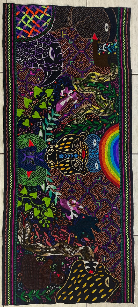 Shipibo Conibo Tabletop Tapestry Hand Embroidered Peruvian Tablecloth Textile Ceremonial Amazonian Shamanic Altar 57.48”x26”