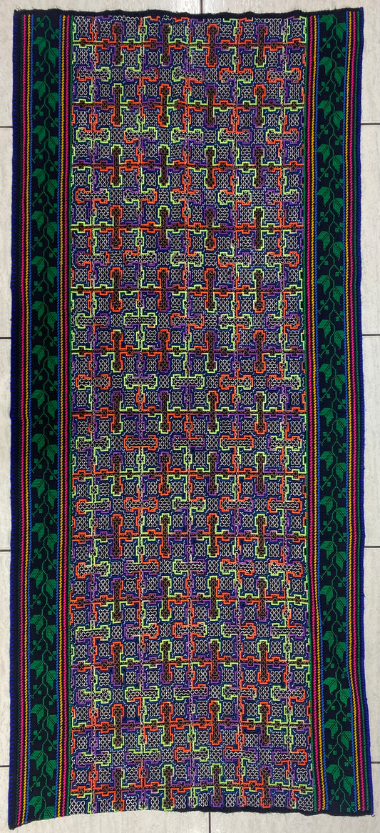 Shipibo Conibo Kené Tabletop Tapestry Hand Embroidered Peruvian Tablecloth Textile Ceremonial Amazonian Shamanic Altar 59”x26.77”