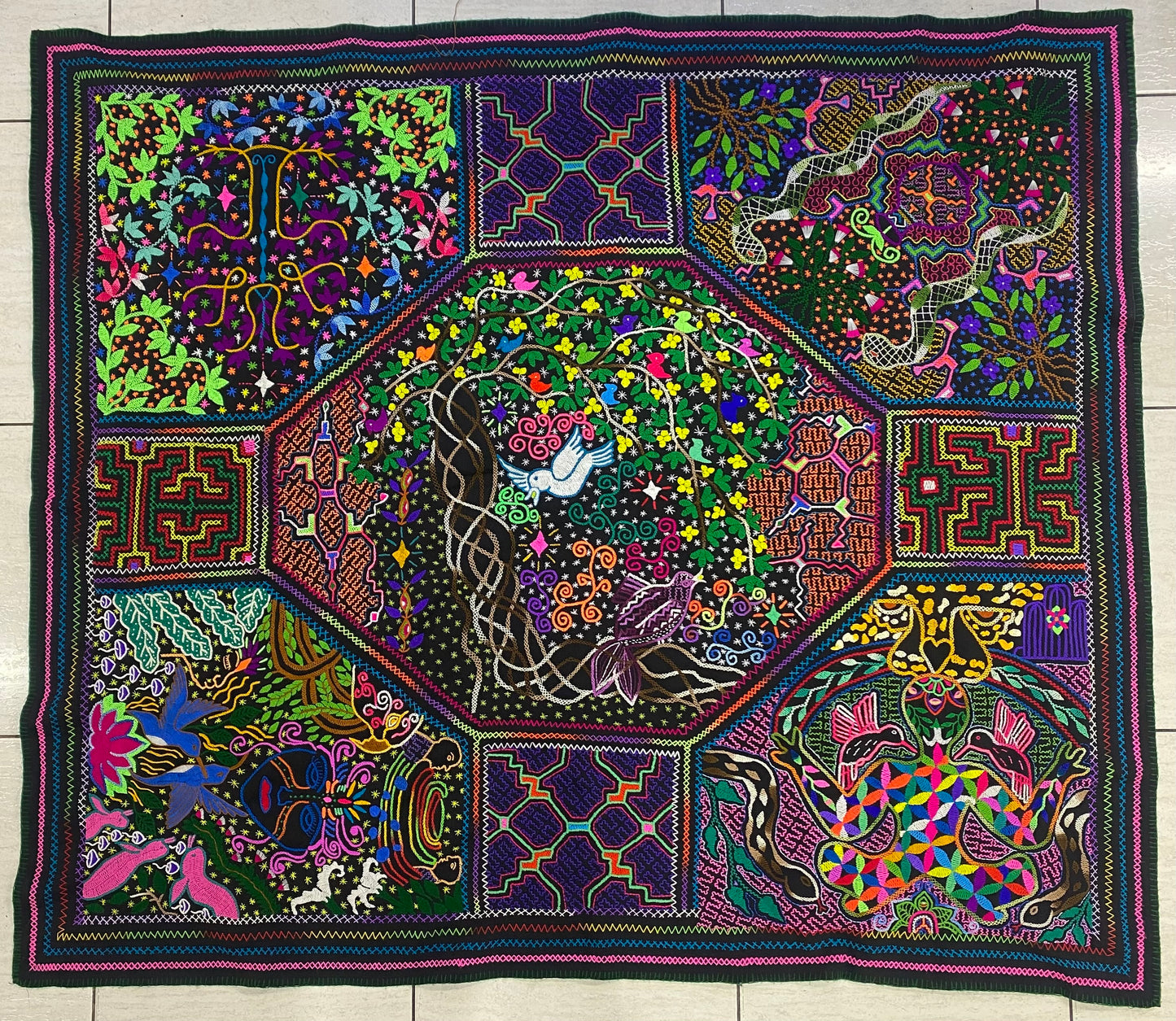 Shipibo Conibo Tapestry Hand Embroidered Peruvian Tablecloth Textile Ceremonial Amazonian Shamanic Altar 49.21” x 56.70”