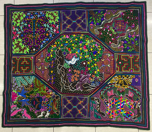 Shipibo Conibo Tapestry Hand Embroidered Peruvian Tablecloth Textile Ceremonial Amazonian Shamanic Altar 49.21” x 56.70”