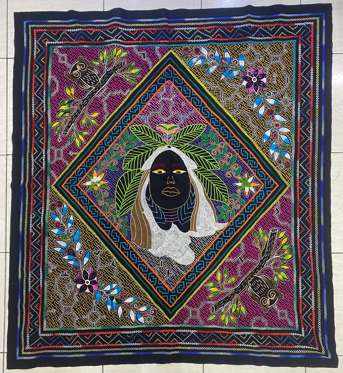 Shipibo Conibo Maestra Tapestry Hand Embroidered Peruvian Tablecloth Textile Ceremonial Amazonian Shamanic Altar 52”x57.5”