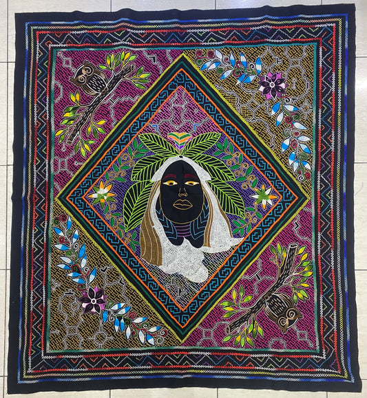 Shipibo Conibo Maestra Tapestry Hand Embroidered Peruvian Tablecloth Textile Ceremonial Amazonian Shamanic Altar 52”x57.5”