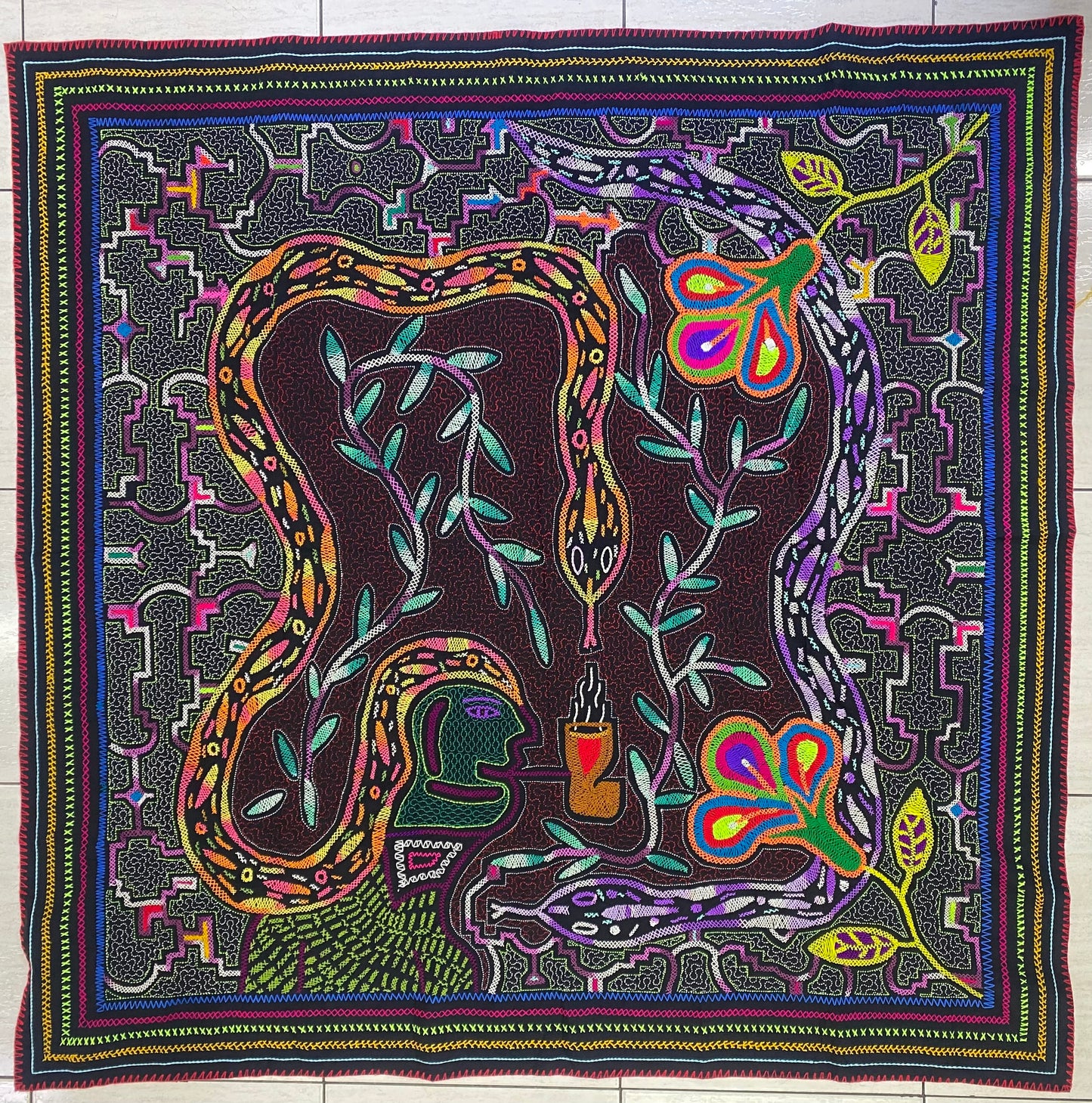 Shipibo Conibo Serpent Tapestry Hand Embroidered Peruvian Tablecloth Textile Ceremonial Amazonian Shamanic Altar 55.11” x 56.70”