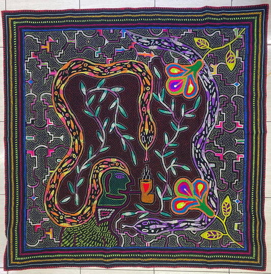 Shipibo Conibo Serpent Tapestry Hand Embroidered Peruvian Tablecloth Textile Ceremonial Amazonian Shamanic Altar 55.11” x 56.70”