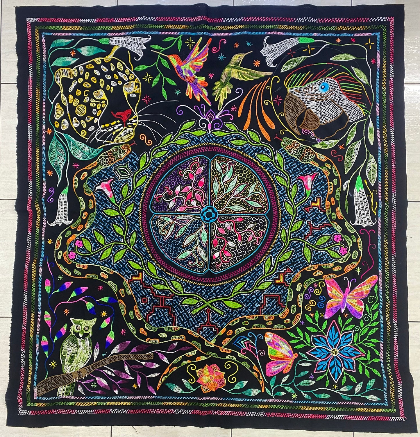 Shipibo Conibo Jaguar Tapestry Hand Embroidered Peruvian Tablecloth Textile Ceremonial Amazonian Shamanic Altar 53.14”x57”