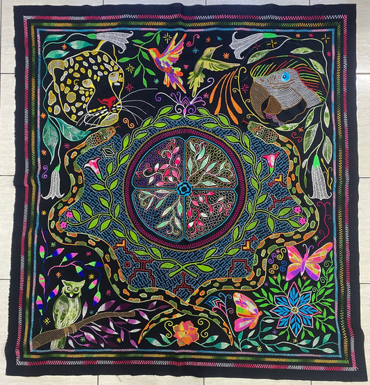 Shipibo Conibo Jaguar Tapestry Hand Embroidered Peruvian Tablecloth Textile Ceremonial Amazonian Shamanic Altar 53.14”x57”