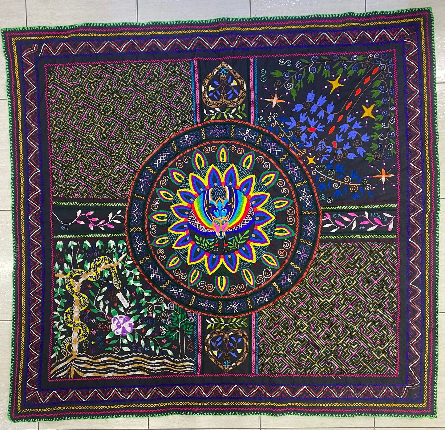 Shipibo Conibo Jaguar Tapestry Hand Embroidered Peruvian Tablecloth Textile Ceremonial Amazonian Shamanic Altar 56.7”x61”