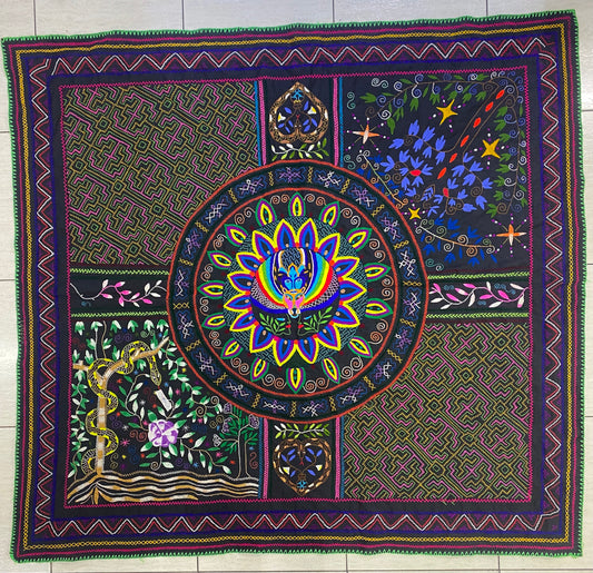 Shipibo Conibo Jaguar Tapestry Hand Embroidered Peruvian Tablecloth Textile Ceremonial Amazonian Shamanic Altar 56.7”x61”
