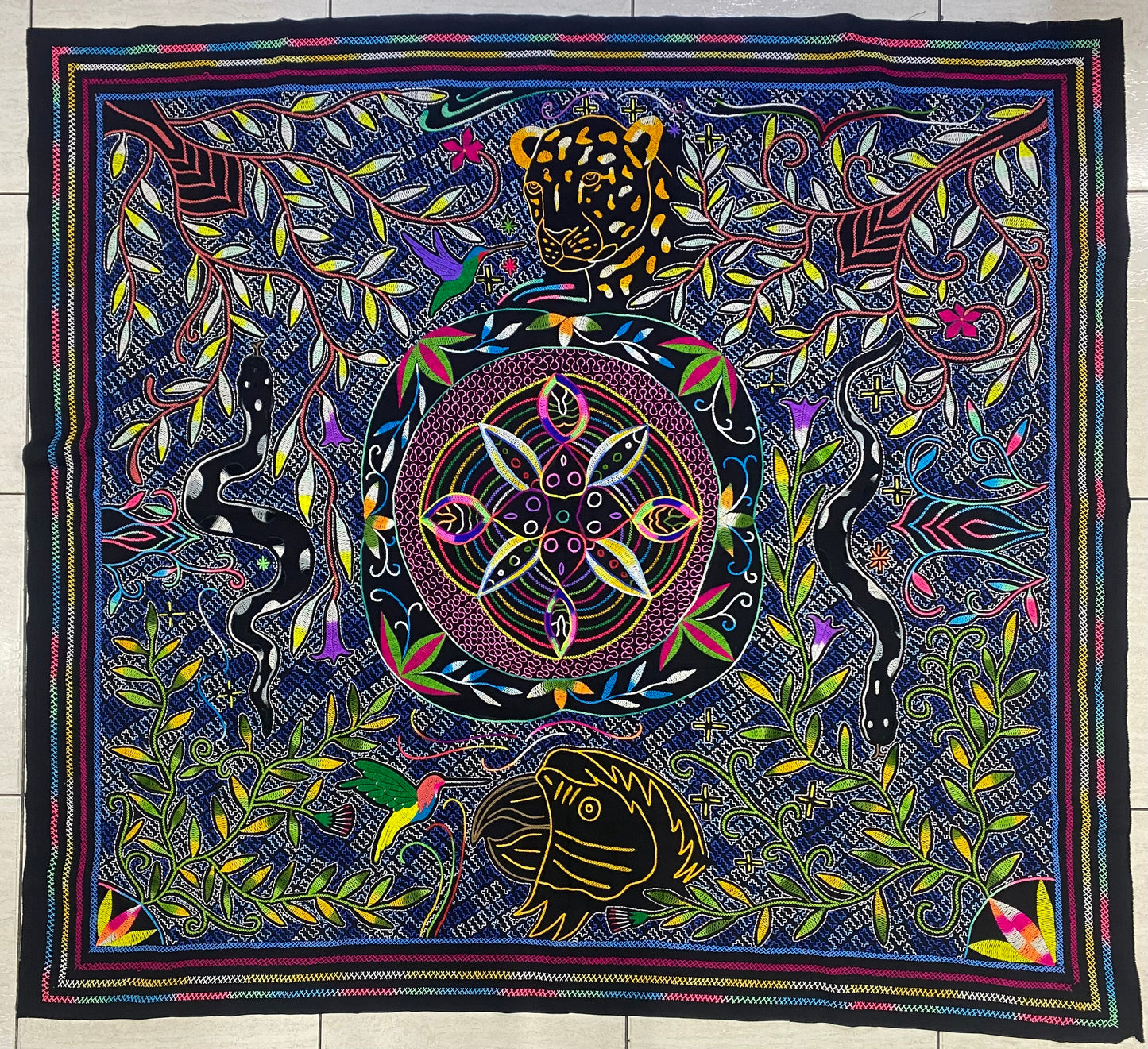 Shipibo Conibo Jaguar Tapestry Hand Embroidered Peruvian Tablecloth Textile Ceremonial Amazonian Shamanic Altar 52.36”x57.9” (Copy)