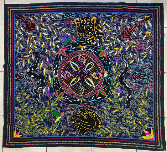 Shipibo Conibo Jaguar Tapestry Hand Embroidered Peruvian Tablecloth Textile Ceremonial Amazonian Shamanic Altar 52.36”x57.9” (Copy)