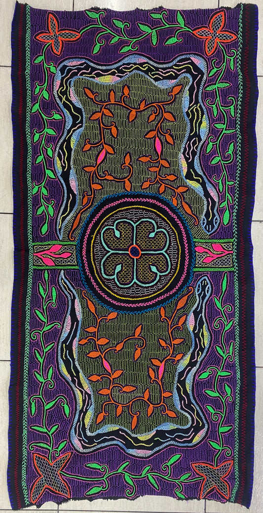 Shipibo Conibo Kené Tabletop Tapestry Hand Embroidered Peruvian Tablecloth Textile Ceremonial Amazonian Shamanic Altar 53.14” x 26.77”