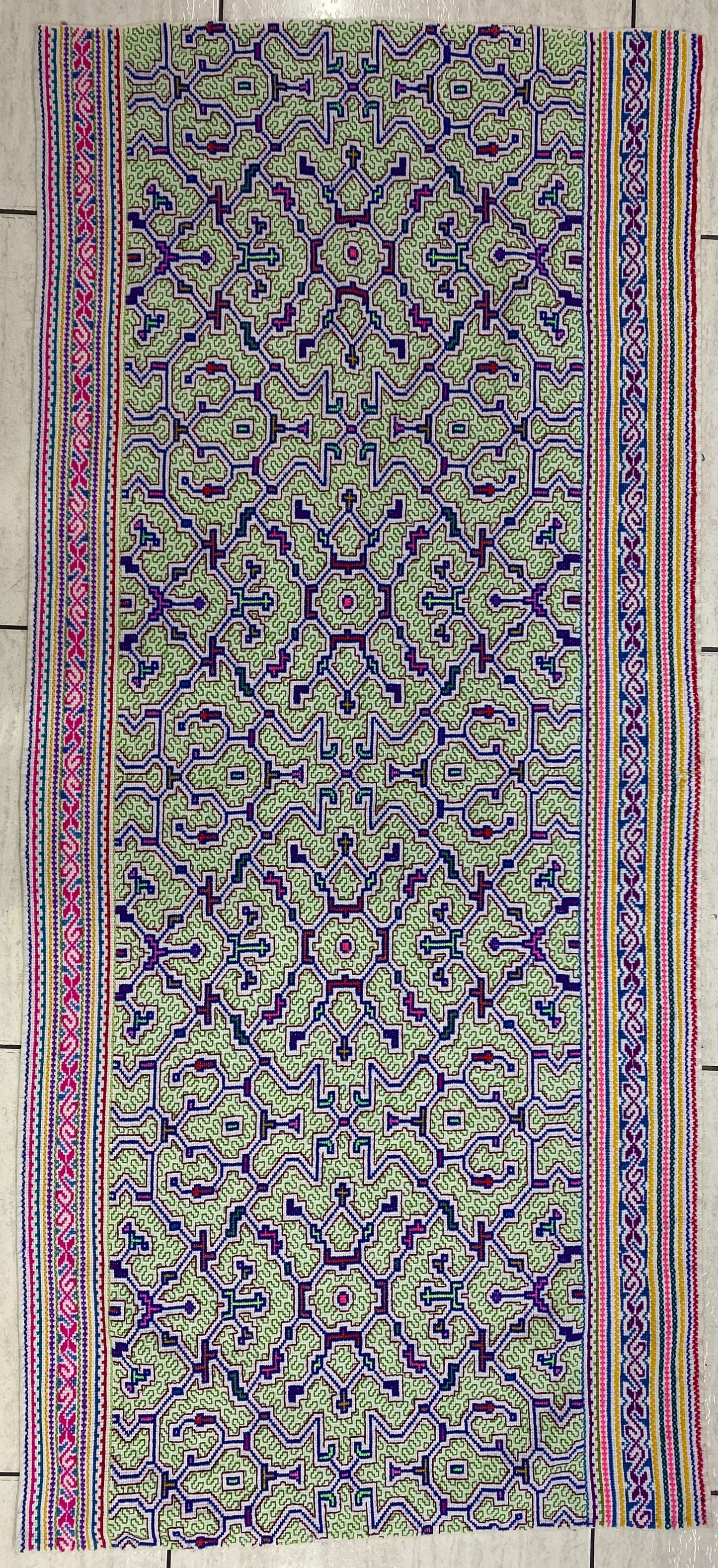 Shipibo Conibo Kené Tabletop Tapestry Hand Embroidered Peruvian Tablecloth Textile Ceremonial Amazonian Shamanic Altar 58.66”x25.60”