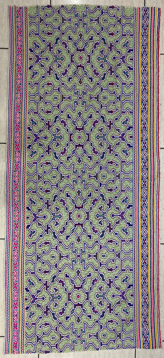 Shipibo Conibo Kené Tabletop Tapestry Hand Embroidered Peruvian Tablecloth Textile Ceremonial Amazonian Shamanic Altar 58.66”x25.60”