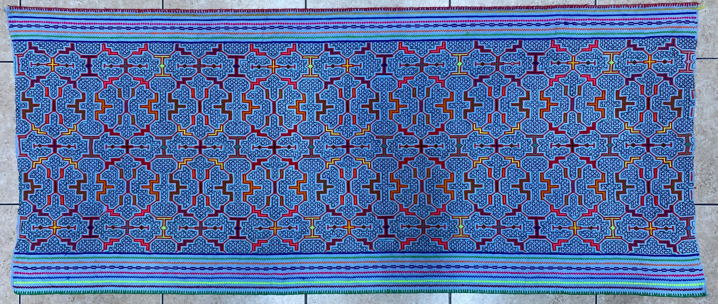 Shipibo Conibo Kené Tabletop Tapestry Hand Embroidered Peruvian Tablecloth Textile Ceremonial Amazonian Shamanic Altar 60”x 26”
