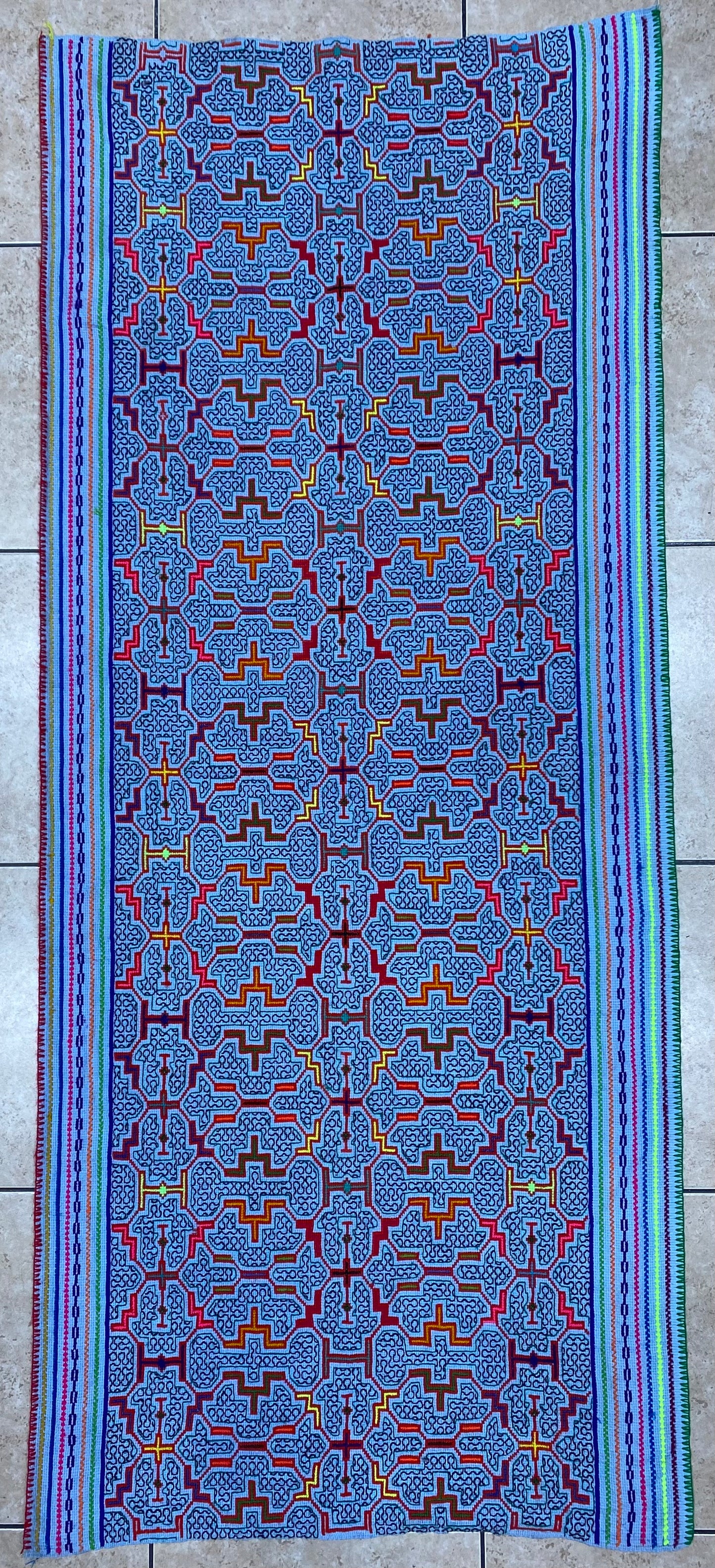 Shipibo Conibo Kené Tabletop Tapestry Hand Embroidered Peruvian Tablecloth Textile Ceremonial Amazonian Shamanic Altar 60”x 26”