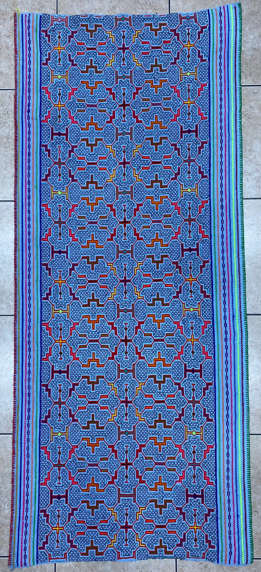 Shipibo Conibo Kené Tabletop Tapestry Hand Embroidered Peruvian Tablecloth Textile Ceremonial Amazonian Shamanic Altar 60”x 26”