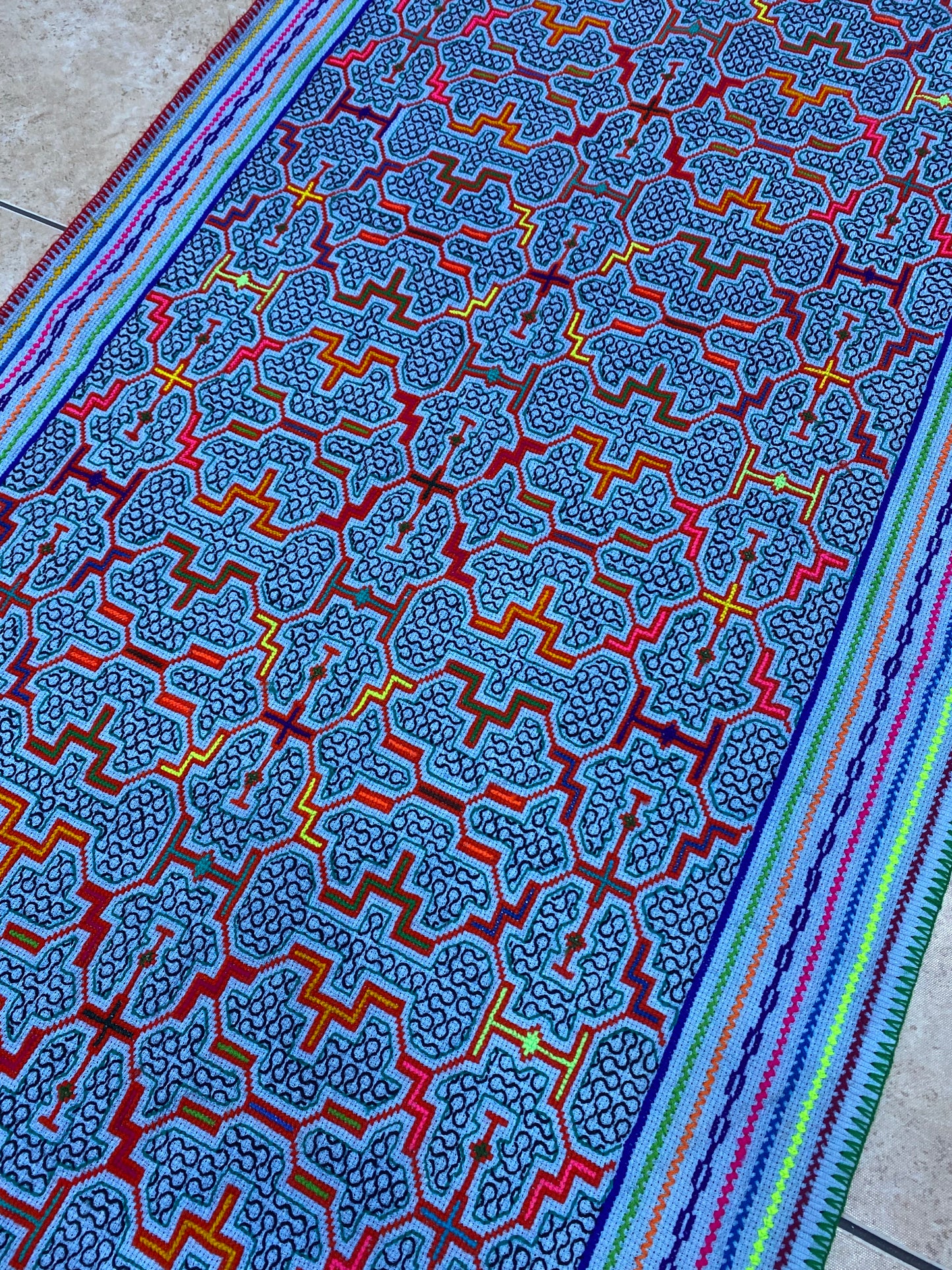 Shipibo Conibo Kené Tabletop Tapestry Hand Embroidered Peruvian Tablecloth Textile Ceremonial Amazonian Shamanic Altar 60”x 26”