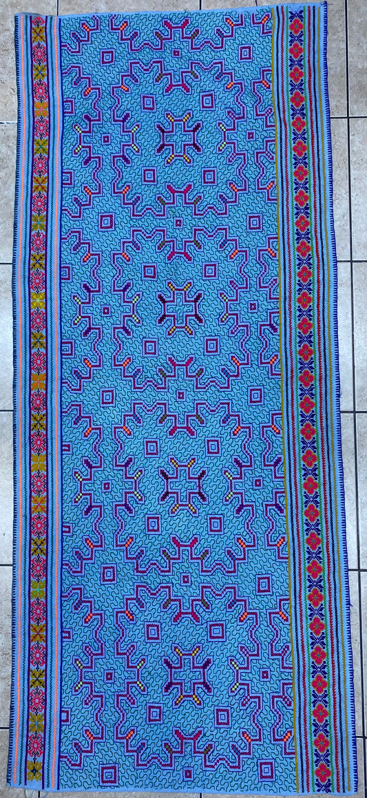 Shipibo Conibo Kené Tabletop Tapestry Hand Embroidered Peruvian Tablecloth Textile Ceremonial Amazonian Shamanic Altar 68”x 28”