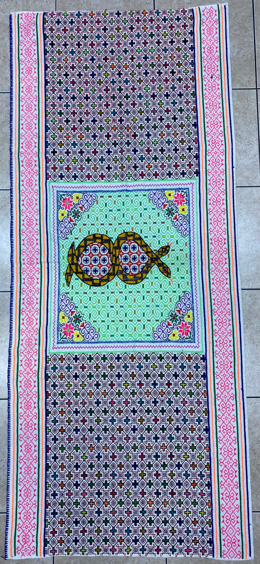 Shipibo Conibo Kené Tabletop Tapestry Hand Embroidered Peruvian Tablecloth Textile Ceremonial Amazonian Shamanic Altar 68”x 28.5”