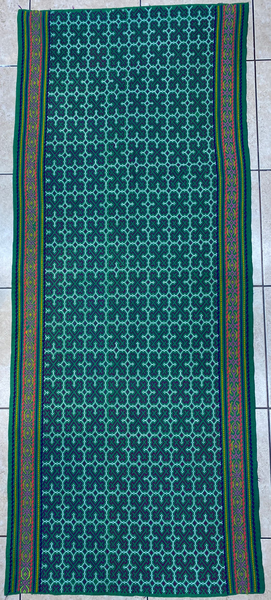 Shipibo Conibo Kené Tabletop Tapestry Hand Embroidered Peruvian Tablecloth Textile Ceremonial Amazonian Shamanic Altar 65”x 26”