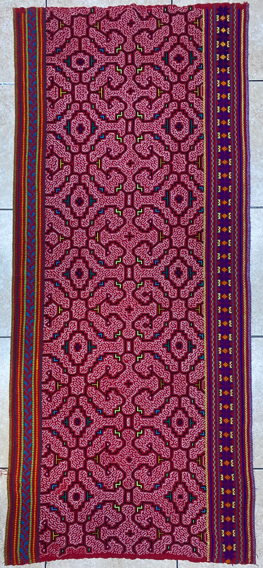 Shipibo Conibo Kené Tabletop Tapestry Hand Embroidered Peruvian Tablecloth Textile Ceremonial Amazonian Shamanic Altar 56”x 24”
