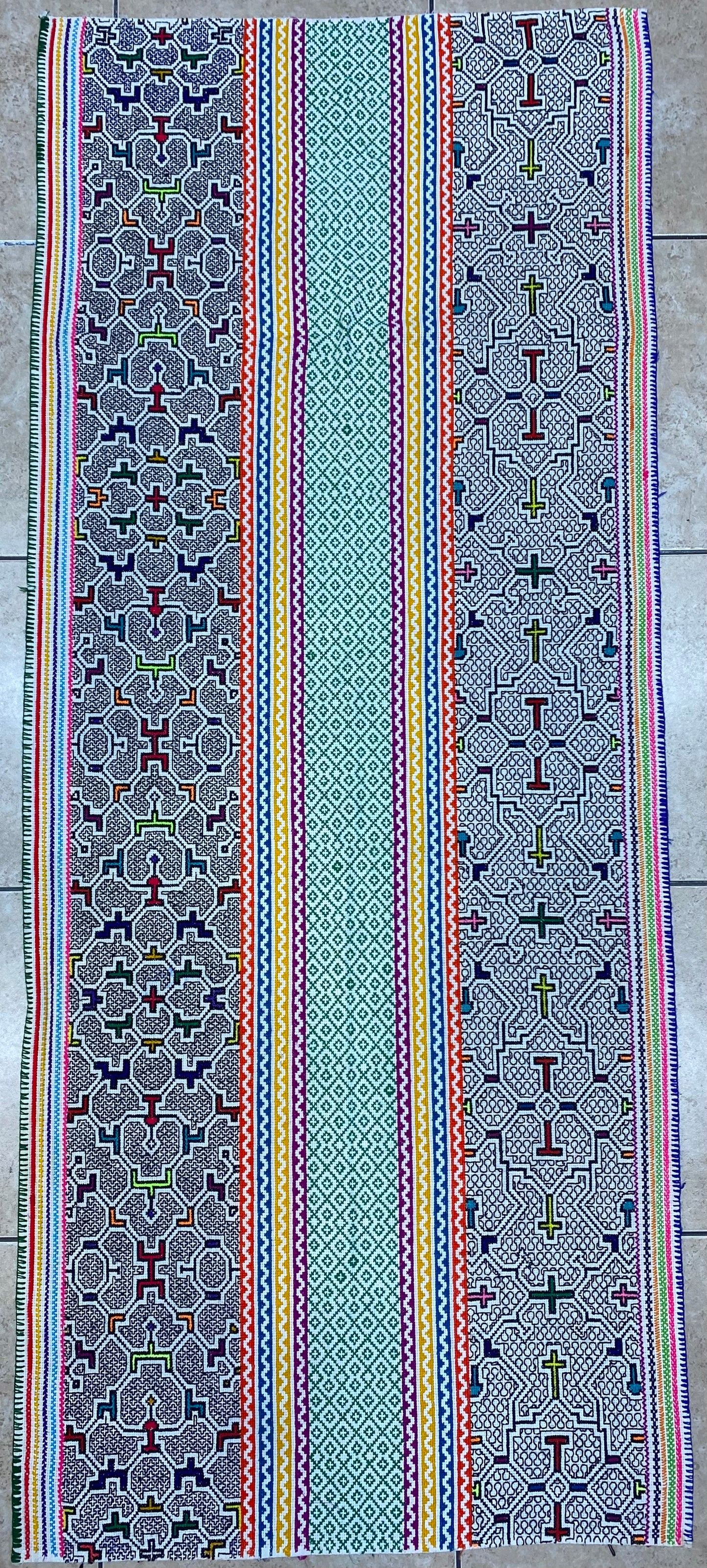 Shipibo Conibo Kené Tabletop Tapestry Hand Embroidered Peruvian Tablecloth Textile Ceremonial Amazonian Shamanic Altar 60”x 25”