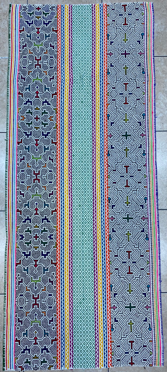 Shipibo Conibo Kené Tabletop Tapestry Hand Embroidered Peruvian Tablecloth Textile Ceremonial Amazonian Shamanic Altar 60”x 25”