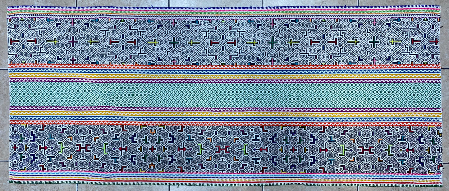 Shipibo Conibo Kené Tabletop Tapestry Hand Embroidered Peruvian Tablecloth Textile Ceremonial Amazonian Shamanic Altar 60”x 25”
