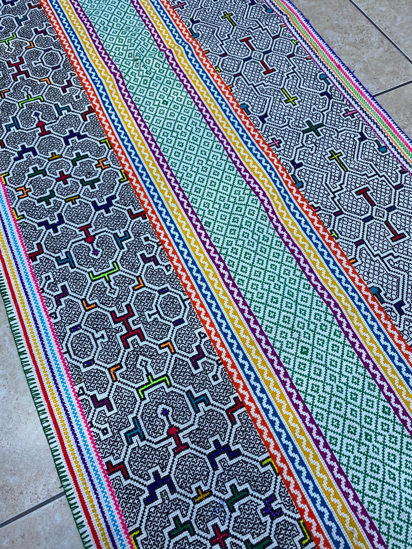 Shipibo Conibo Kené Tabletop Tapestry Hand Embroidered Peruvian Tablecloth Textile Ceremonial Amazonian Shamanic Altar 60”x 25”