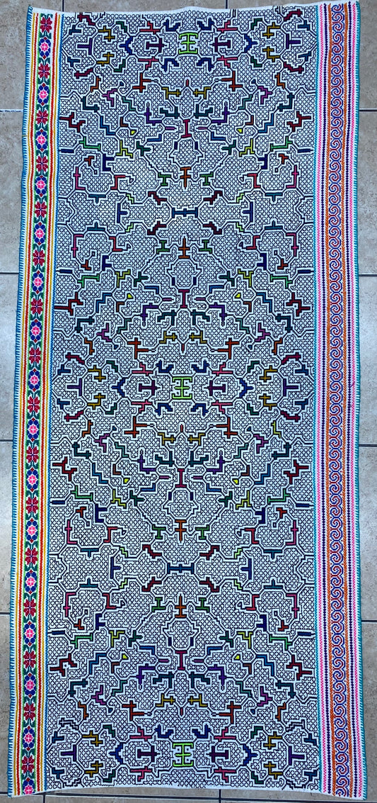 Shipibo Conibo Kené Tabletop Tapestry Hand Embroidered Peruvian Tablecloth Textile Ceremonial Amazonian Shamanic Altar 60”x 26”