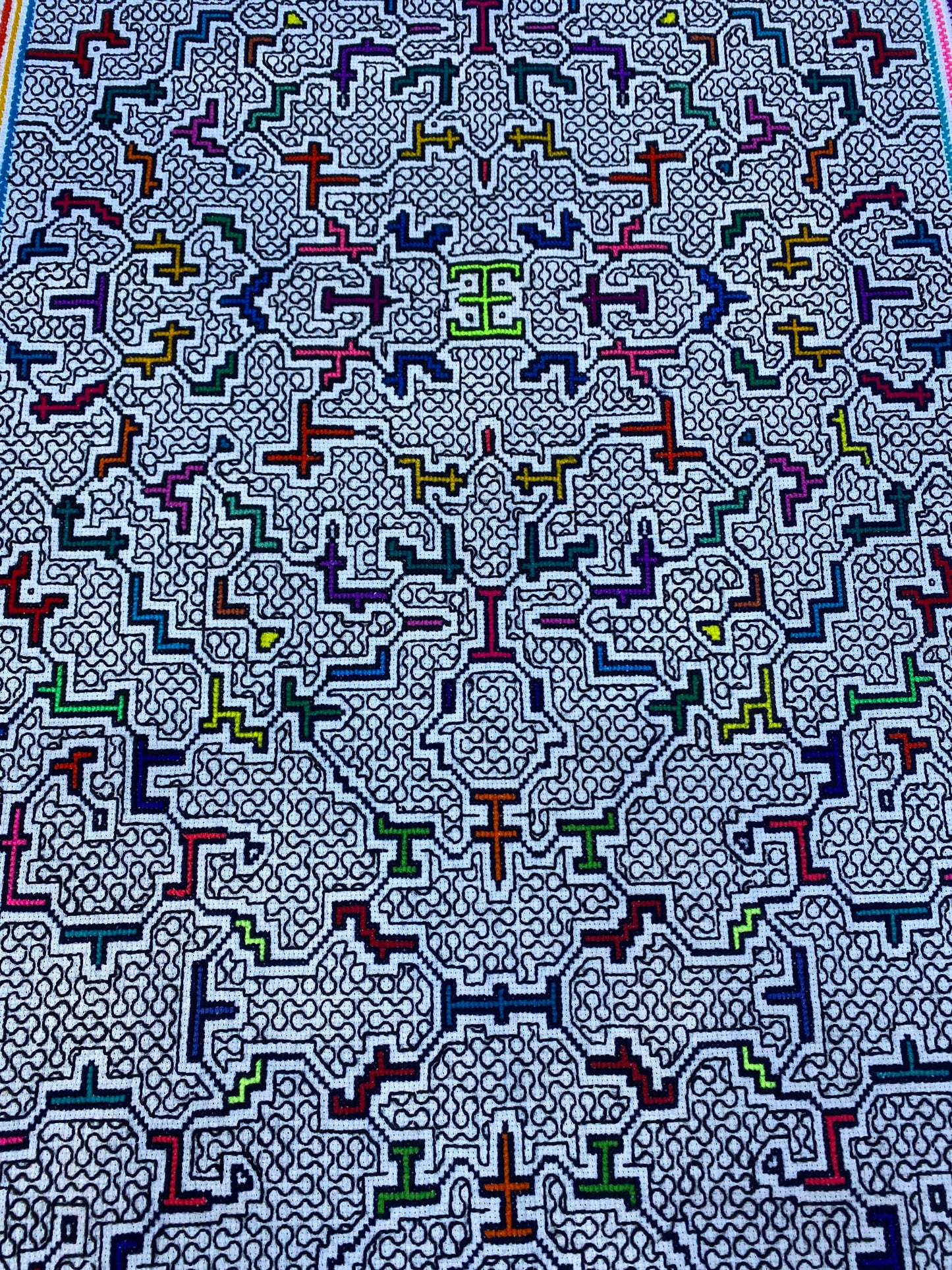 Shipibo Conibo Kené Tabletop Tapestry Hand Embroidered Peruvian Tablecloth Textile Ceremonial Amazonian Shamanic Altar 60”x 26”