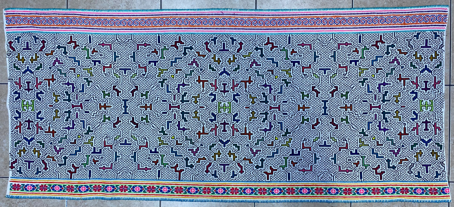 Shipibo Conibo Kené Tabletop Tapestry Hand Embroidered Peruvian Tablecloth Textile Ceremonial Amazonian Shamanic Altar 60”x 26”