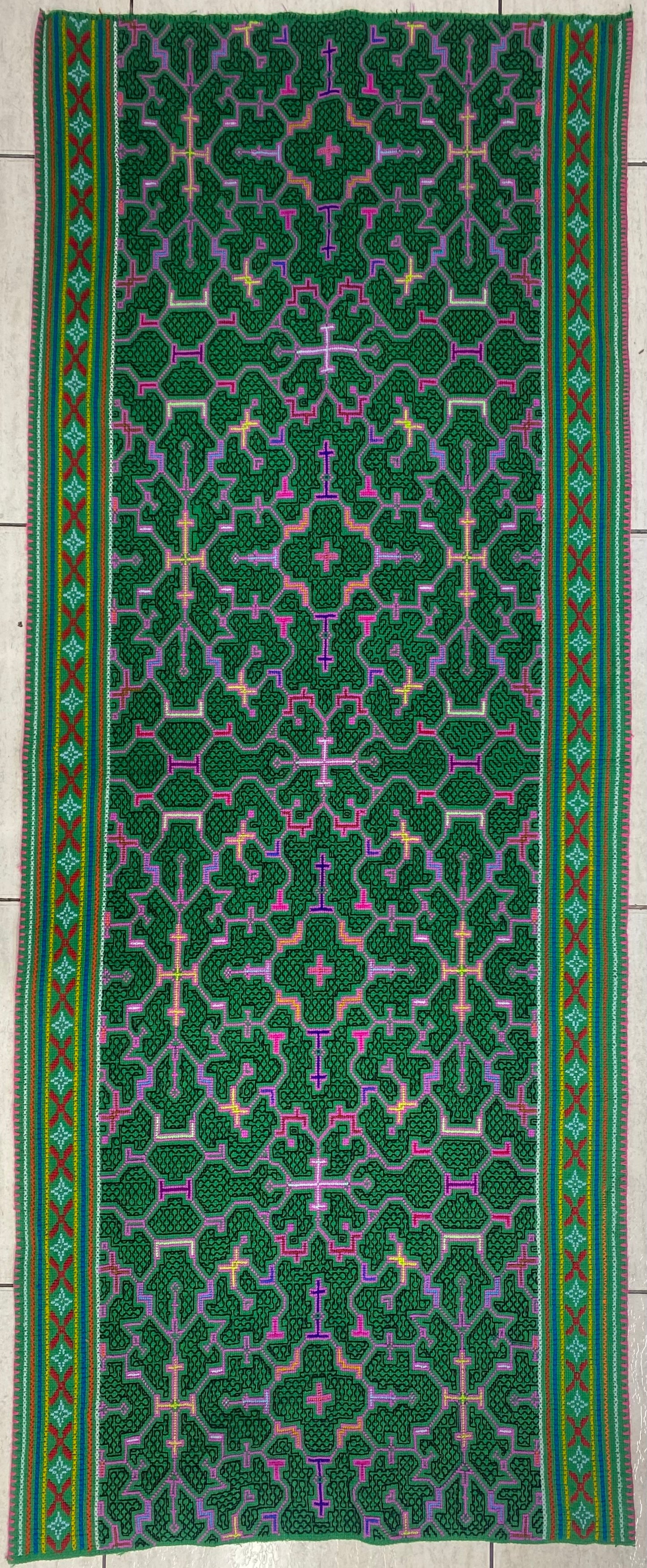 Shipibo Conibo Kené Tabletop Tapestry Hand Embroidered Peruvian Tablecloth Textile Ceremonial Amazonian Shamanic Altar 65”x 26”
