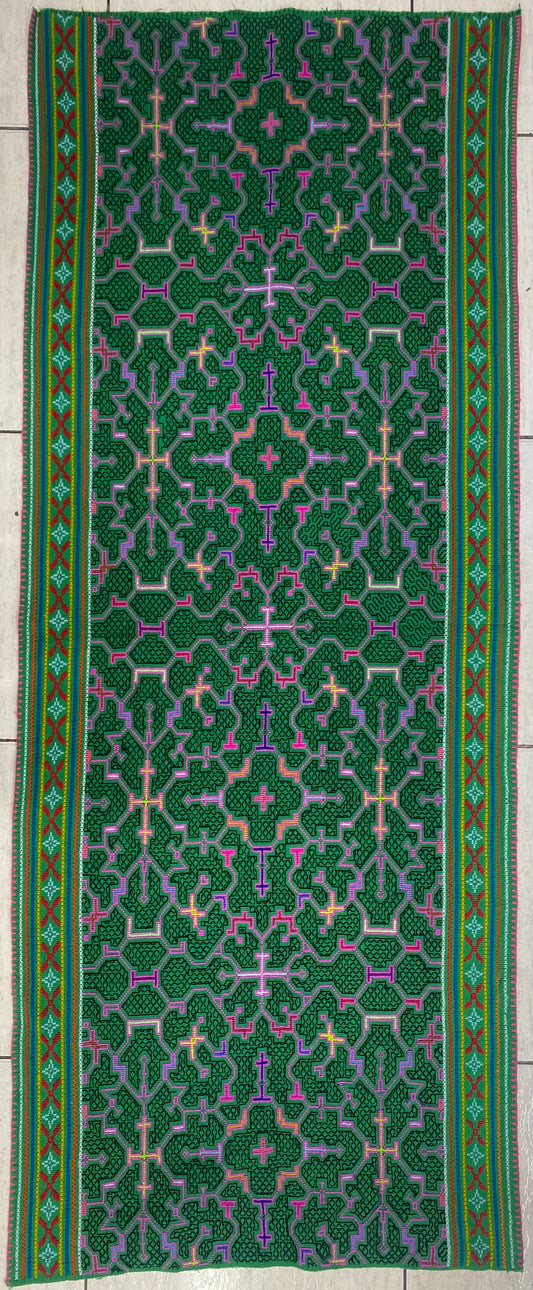 Shipibo Conibo Kené Tabletop Tapestry Hand Embroidered Peruvian Tablecloth Textile Ceremonial Amazonian Shamanic Altar 65”x 26”