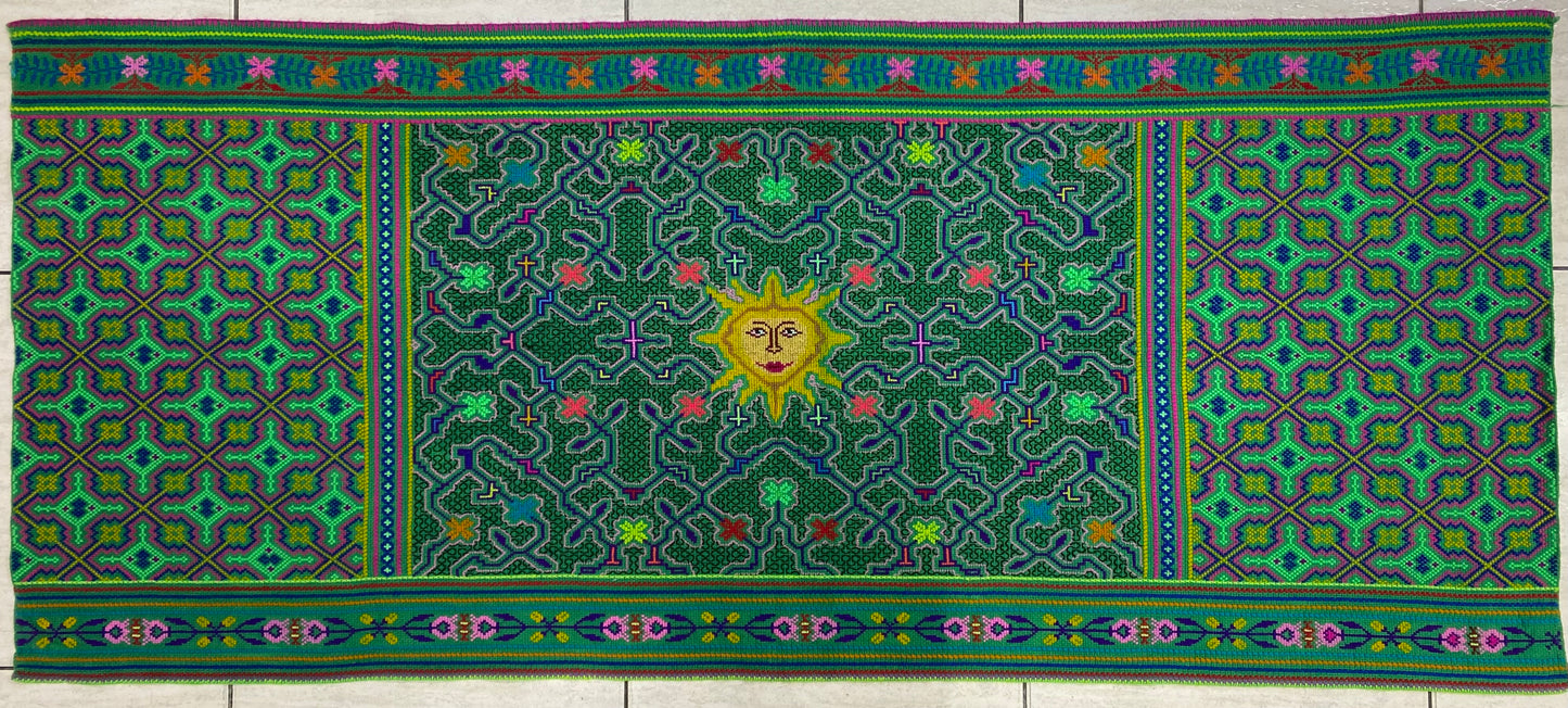 Shipibo Conibo Kené Tabletop Tapestry Hand Embroidered Peruvian Tablecloth Textile Ceremonial Amazonian Shamanic Altar 63”x 27”