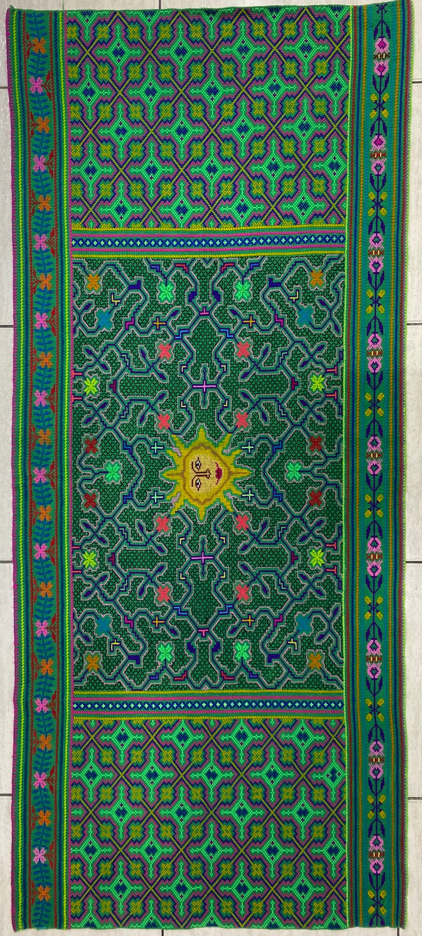 Shipibo Conibo Kené Tabletop Tapestry Hand Embroidered Peruvian Tablecloth Textile Ceremonial Amazonian Shamanic Altar 63”x 27”