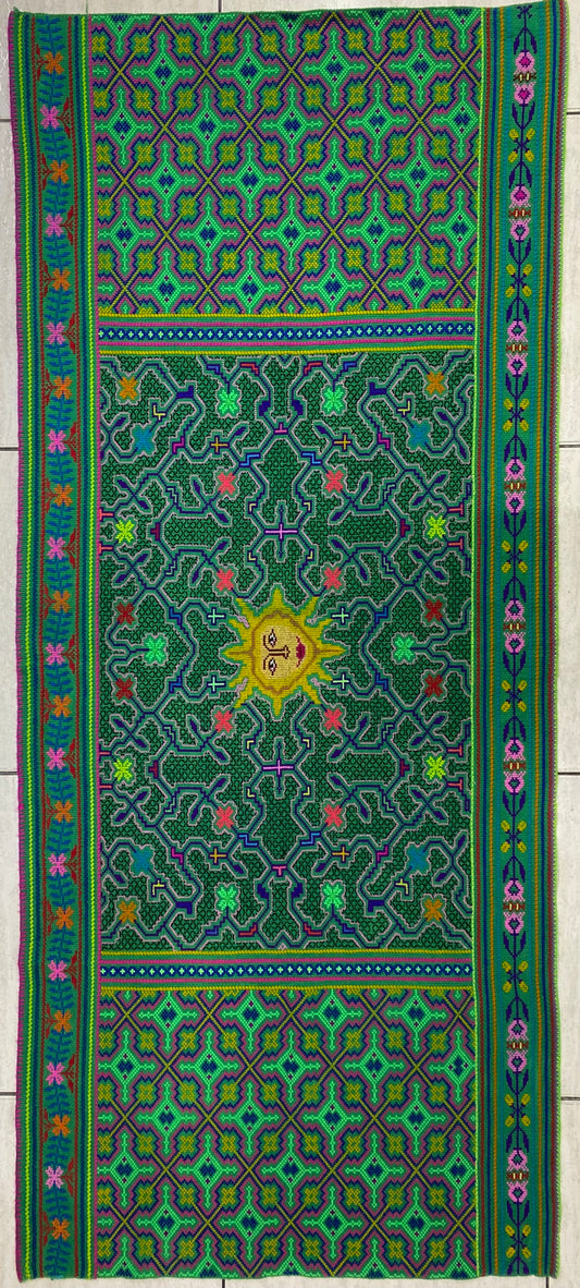 Shipibo Conibo Kené Tabletop Tapestry Hand Embroidered Peruvian Tablecloth Textile Ceremonial Amazonian Shamanic Altar 63”x 27”