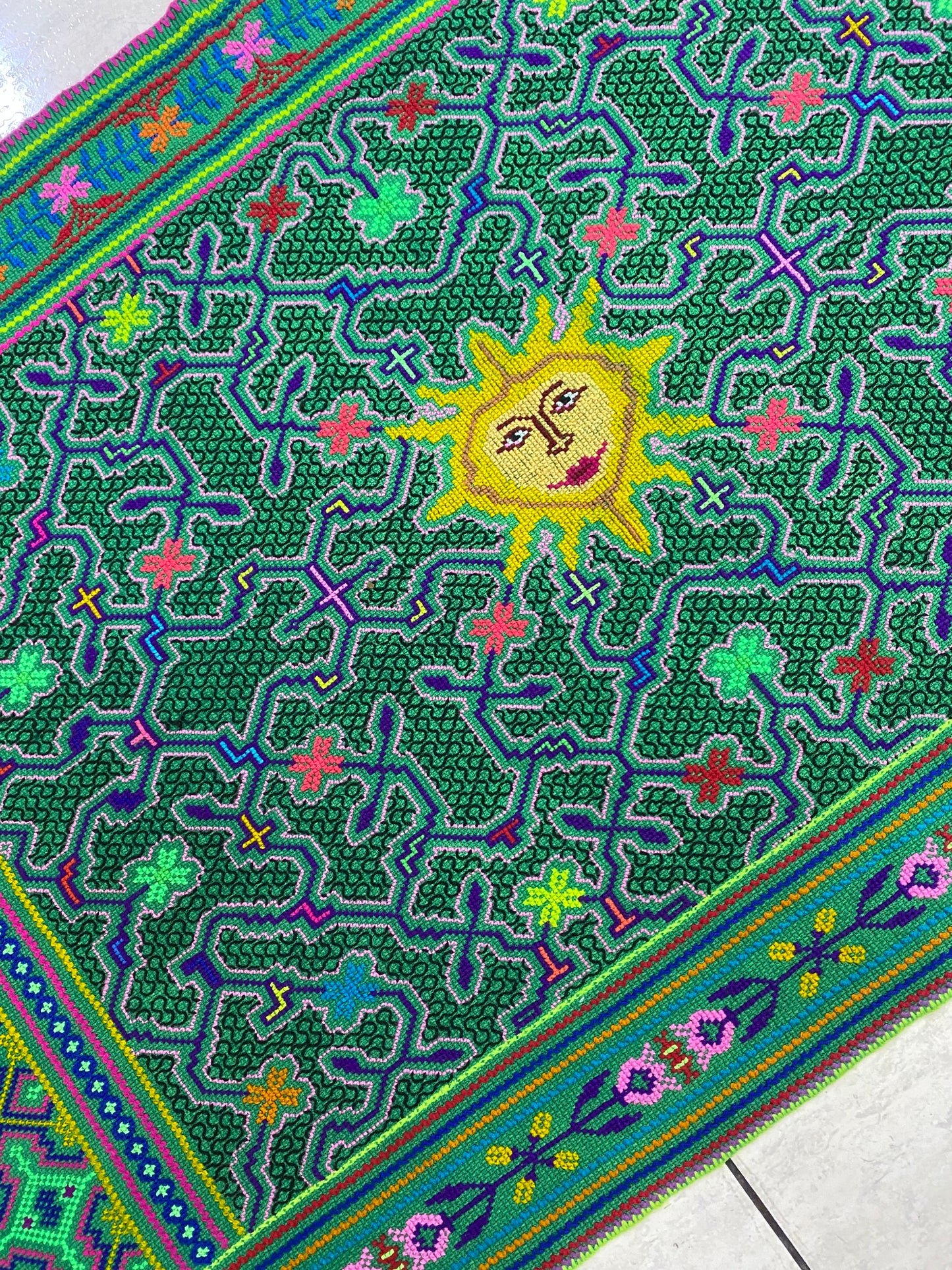 Shipibo Conibo Kené Tabletop Tapestry Hand Embroidered Peruvian Tablecloth Textile Ceremonial Amazonian Shamanic Altar 63”x 27”
